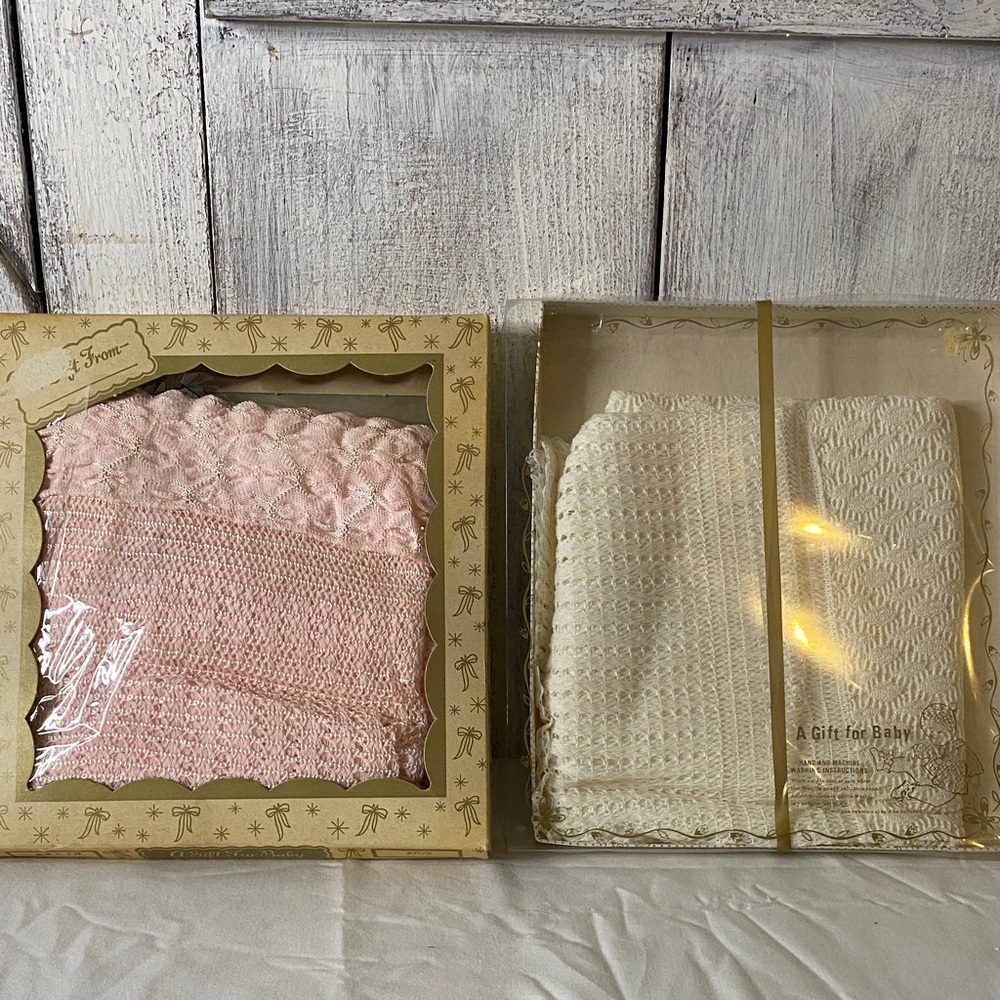 Pink and Cream Baby Blanket Set of 2 baby receiving vintage crochet acrylic
